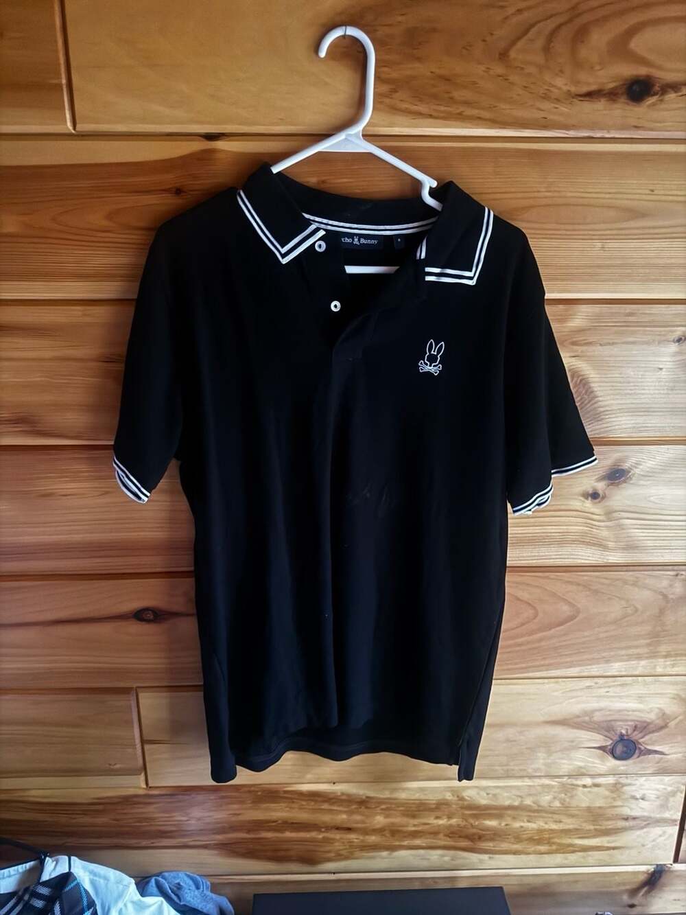 Psycho Bunny Black Polo Shirt White Tipped Collar Size 6